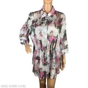 Basler Pink Floral Long Sleeve Drawstring Button Down Tunic Blouse Top Size 44